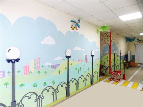 City streetscape corridor mural — school hallway