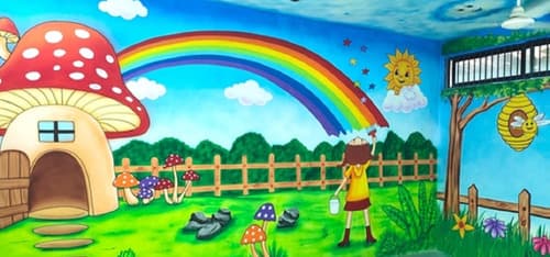 Rainbow & mushroom mural — play school activity room