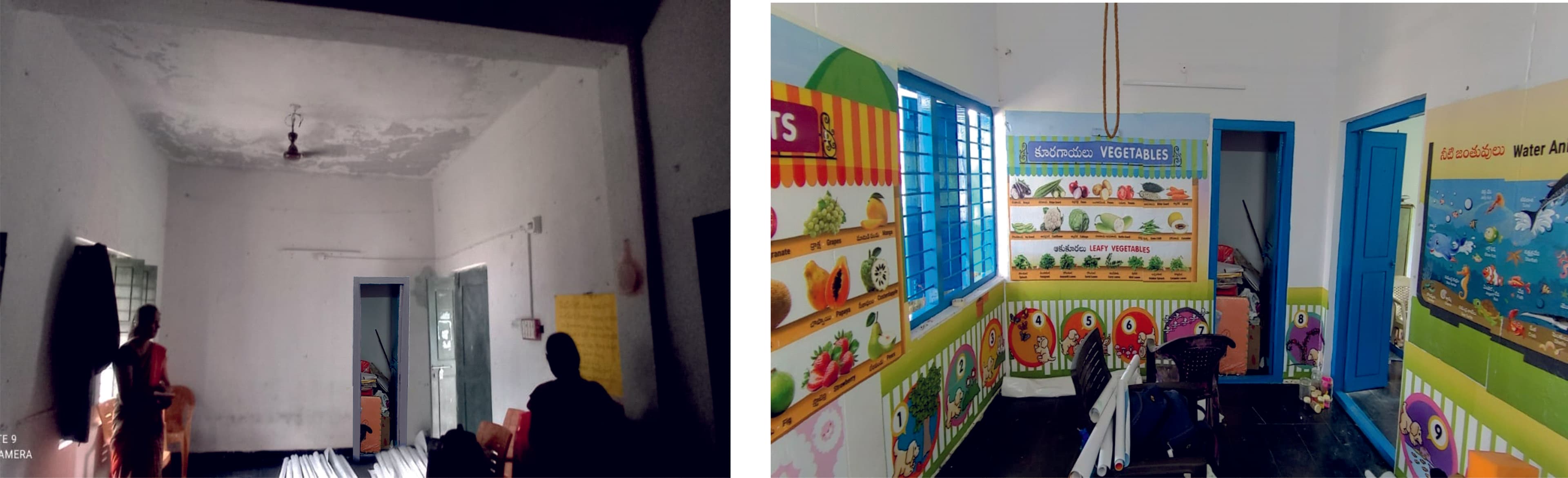 Classroom wall before and after SmartWall digital wall art installation